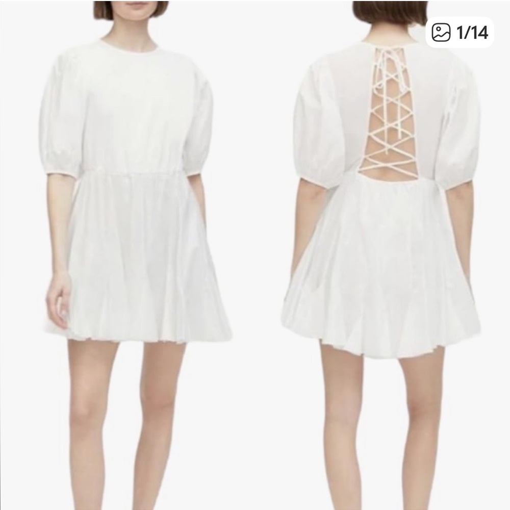 Rhode Milly backless tie up mini dress in white size s, puff sleeve, full skirt